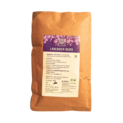 Packaging of Lavender Buds with product information and branding visible